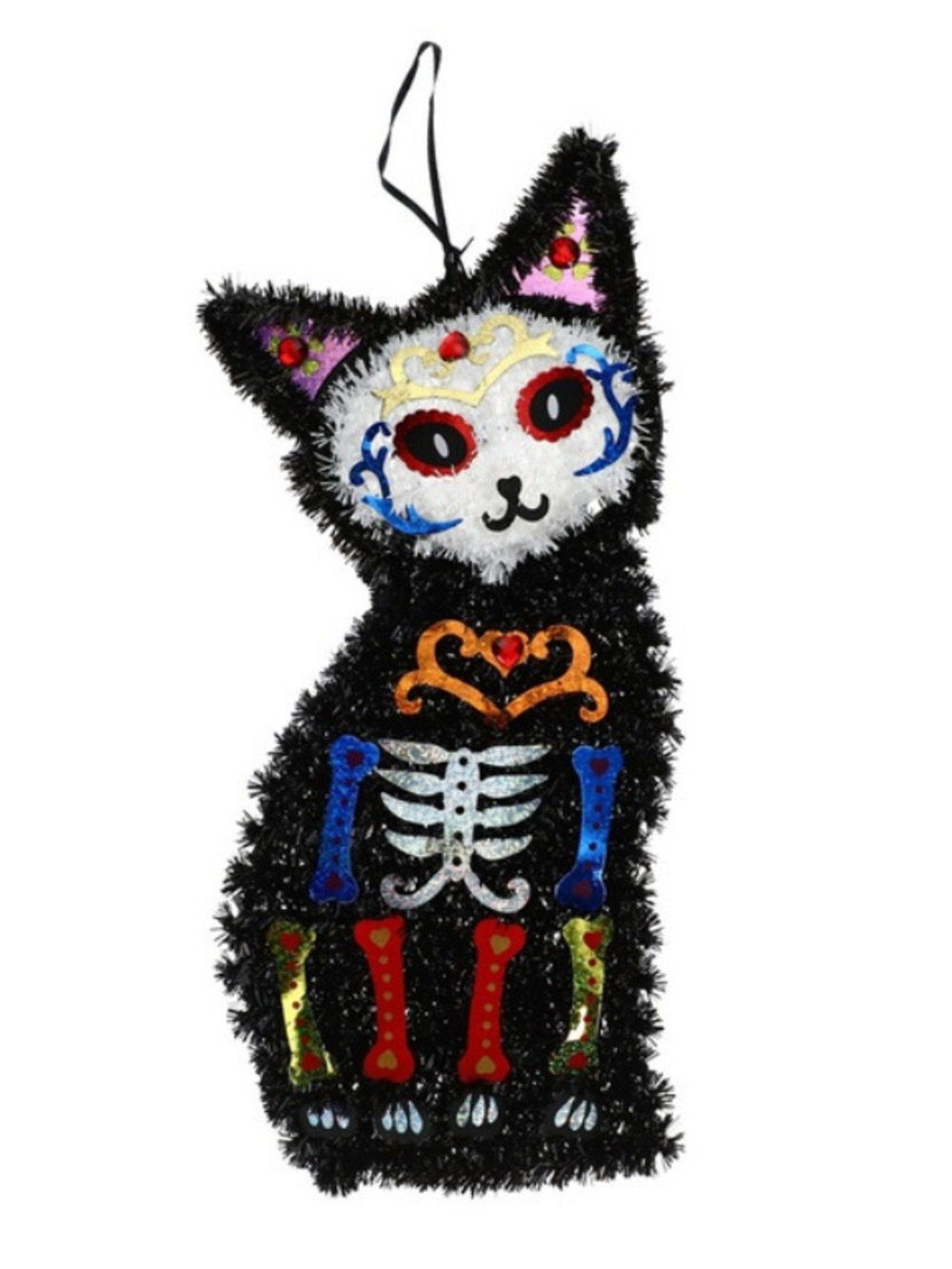 Black Day of Dead Cat Skeleton Tinsel Set of 2 NWT